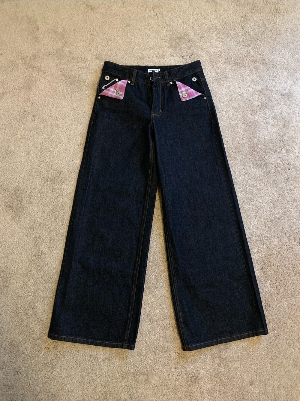 Raw Selvedge indigo Wide Leg Denim Jeans with Pink Plaid Pocket mule pocket ears